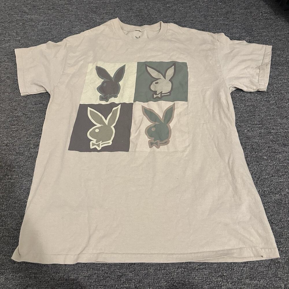 Playboy Shirt Mens M Cream Green Bunny Logo Graphic Tee Square Print